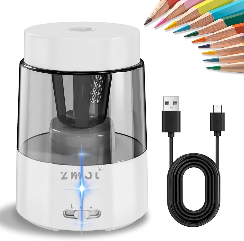 Zmol Electric Rechargeable Pencil Sharpener, Automatic Pencil Sharpeners Kids, Battery Powered Pencil Sharpeners for Colored Pencils, Auto Stop, Suitable for No.2(6-8mm), Classroom/Home White - Image 1